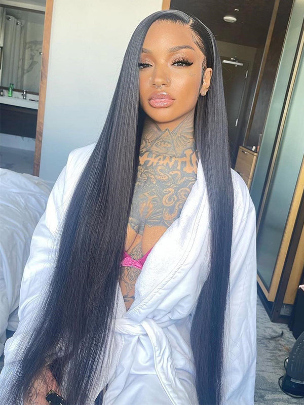 30 Inches Available !!! 18''- 30'' Inches Elva Hair Pre Plucked Raw Cambodian Silky Straight  13X4 Lace Front Wig Bleached Knots With Pre Plucked Hairline【00358】