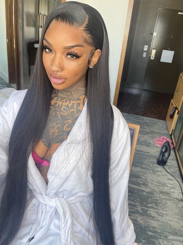 30 Inches Available !!! 18''- 30'' Inches Elva Hair Pre Plucked Raw Cambodian Silky Straight  13X4 Lace Front Wig Bleached Knots With Pre Plucked Hairline【00358】