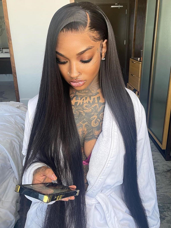 30 Inches Available !!! 18''- 30'' Inches Elva Hair Pre Plucked Raw Cambodian Silky Straight  13X4 Lace Front Wig Bleached Knots With Pre Plucked Hairline【00358】